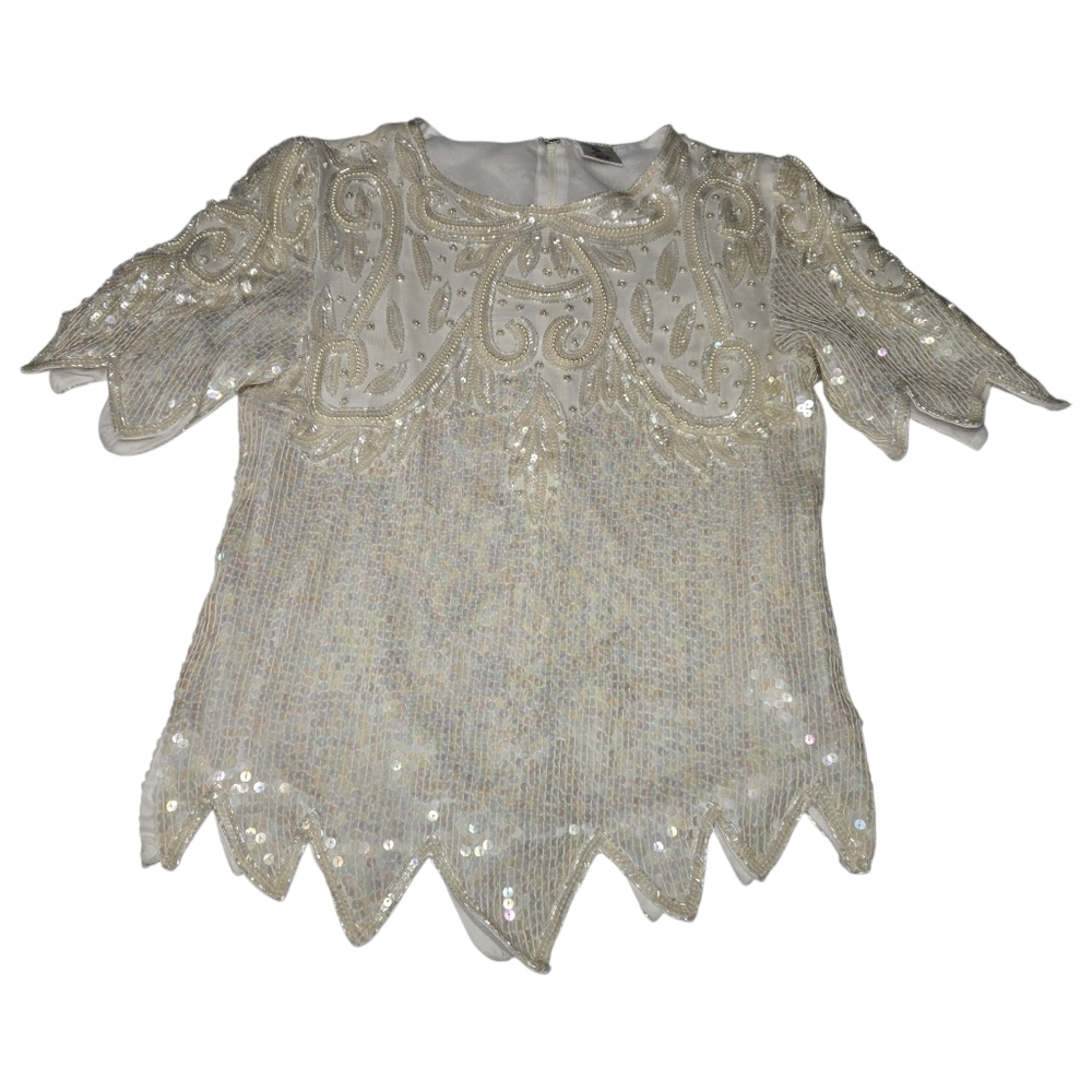 Vintage 80s 90s Elegant Cream Sequin Embellished 100% Silk Women's Top Size Med